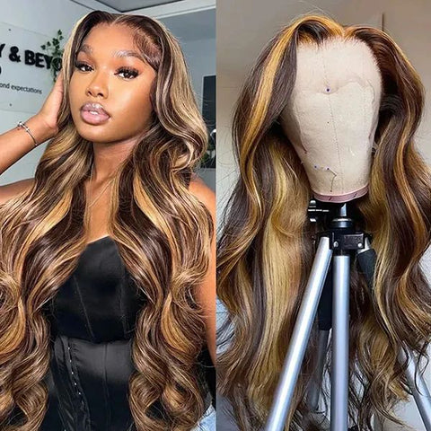 Fast Delivery Lemoda Black Girl HD Lace Honey Brown p4/27 Highlights 180% Hair Density 13x4 Lace Frontal Wig