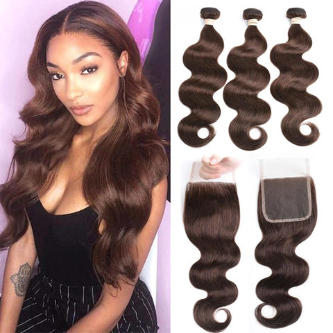 Chocolate Brown Body Wave 3 Bundles With 4X4 Lace Closure 100% virgin human hair