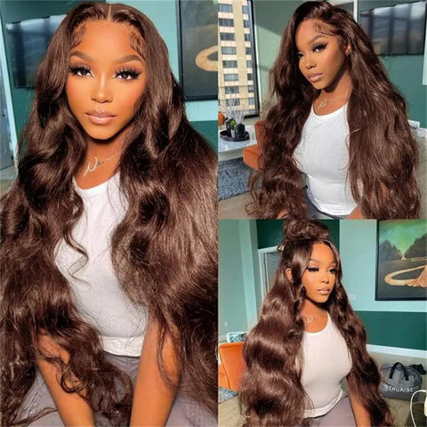 13X4 Body Wave Chocolate Brown Lace Front Wig Transparent Lace Front Wigs Human Hair Pre Plucked Hairline With Baby Hair