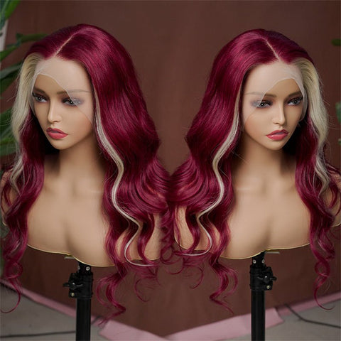 13x4 Burgundy & Blonde Skunk Stripe Lace Front Wig Transparent Human Hair Wig 180% Density - Lemoda Hair