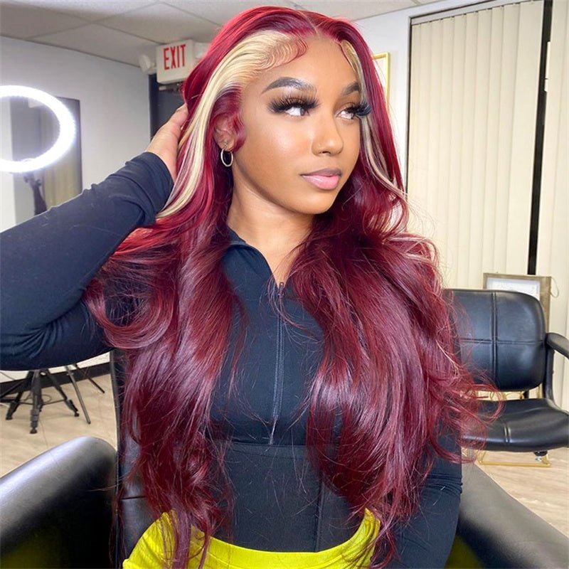 13x4 Burgundy & Blonde Skunk Stripe Lace Front Wig Transparent Human Hair Wig 180% Density - Lemoda Hair