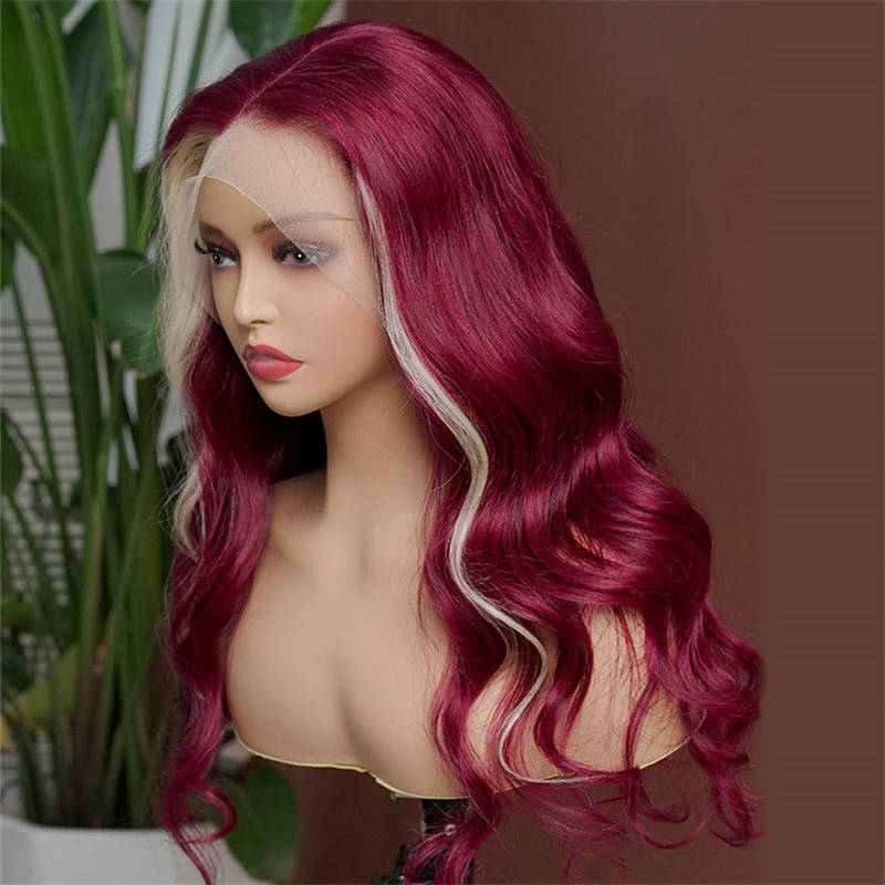 13x4 Burgundy & Blonde Skunk Stripe Lace Front Wig Transparent Human Hair Wig 180% Density - Lemoda Hair