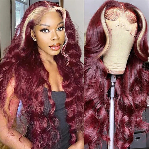 13x4 Burgundy & Blonde Skunk Stripe Lace Front Wig Transparent Human Hair Wig 180% Density - Lemoda Hair