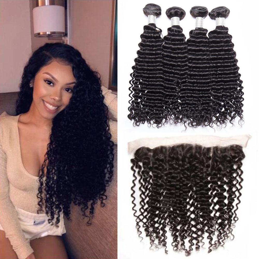 13x4 Lace Frontal with 4 Bundles Deep Wave Peruvian Human Hair - Lemoda Hair