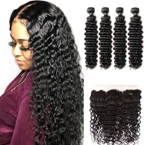 13x4 Lace Frontal with 4 Bundles Deep Wave Peruvian Human Hair - Lemoda Hair