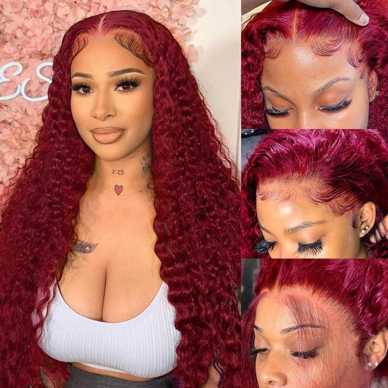 13x6 Deep Wave Lace Front Wigs Human Hair 99J Burgundy Transparent Lace Front Wigs Human Hair Pre Plucked 180% Density