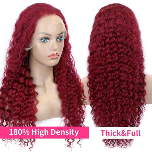 13x6 Deep Wave Lace Front Wigs Human Hair 99J Burgundy Transparent Lace Front Wigs Human Hair Pre Plucked 180% Density