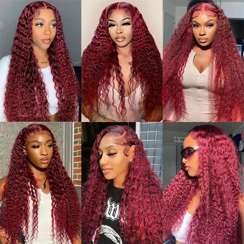 13x6 Deep Wave Lace Front Wigs Human Hair 99J Burgundy Transparent Lace Front Wigs Human Hair Pre Plucked 180% Density