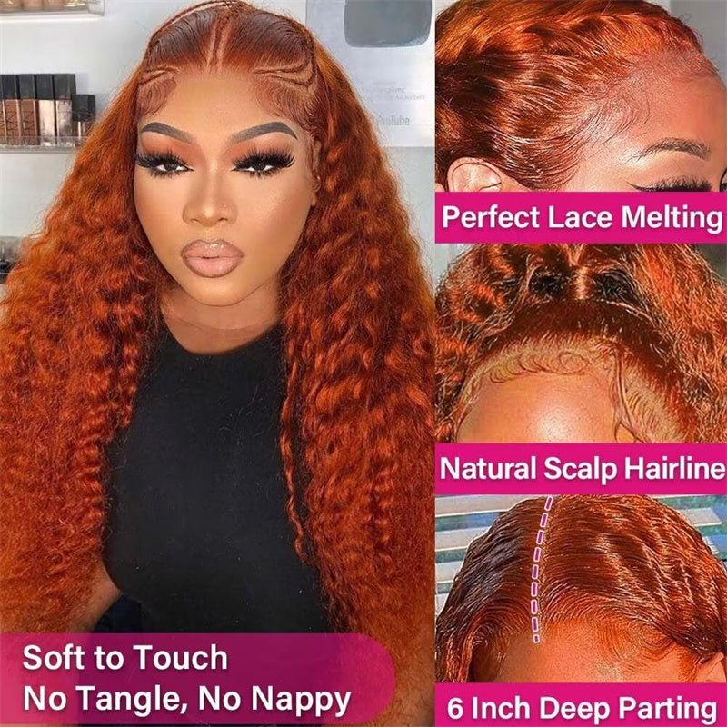 13x6 Ginger Orange Color Deep Wave Human Hair Lace Front Wig Pre - Plucked Hairline 180% Density - Lemoda Hair