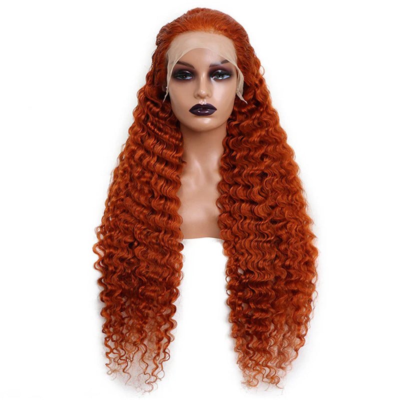 13x6 Ginger Orange Color Deep Wave Human Hair Lace Front Wig Pre - Plucked Hairline 180% Density - Lemoda Hair