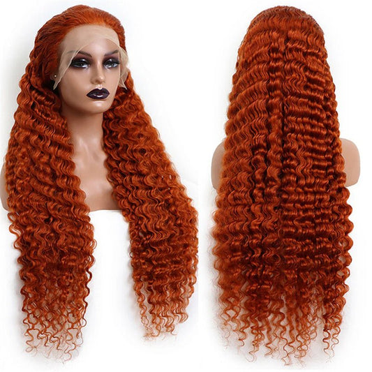 13x6 Ginger Orange Color Deep Wave Human Hair Lace Front Wig Pre - Plucked Hairline 180% Density - Lemoda Hair