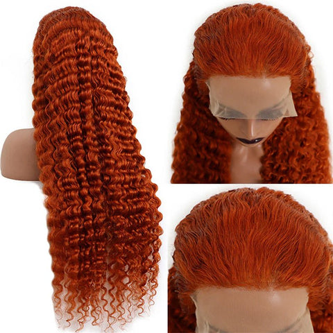 13x6 Ginger Orange Color Deep Wave Human Hair Lace Front Wig Pre - Plucked Hairline 180% Density - Lemoda Hair