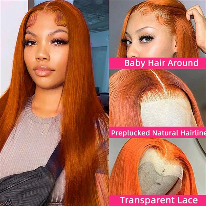 13x6 Orange Ginger Straight Wigs Pre Plucked Transparent Lace Frontal Wig Natural Hairline with Baby Hair - Lemoda Hair