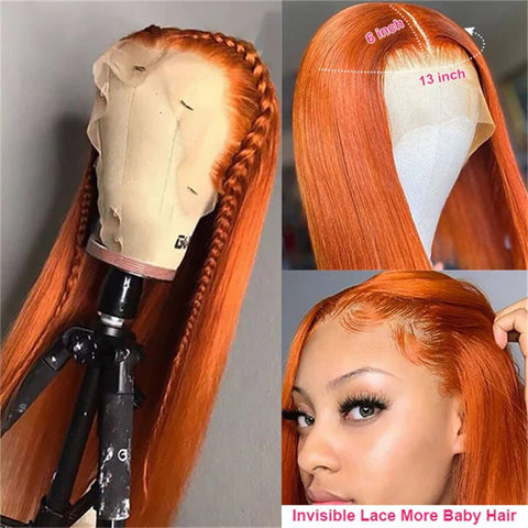 13x6 Orange Ginger Straight Wigs Pre Plucked Transparent Lace Frontal Wig Natural Hairline with Baby Hair - Lemoda Hair