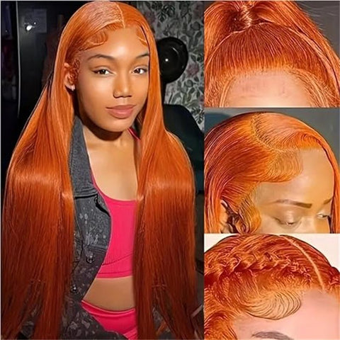 13x6 Orange Ginger Straight Wigs Pre Plucked Transparent Lace Frontal Wig Natural Hairline with Baby Hair - Lemoda Hair