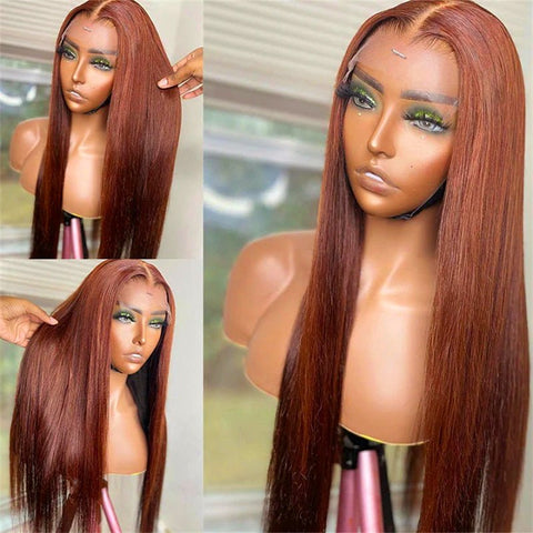 13x6 Reddish Brown Wigs Straight/Body Wave Human Hair Lace Frontal Wigs Light Auburn Transparent Lace Wig - Lemoda Hair