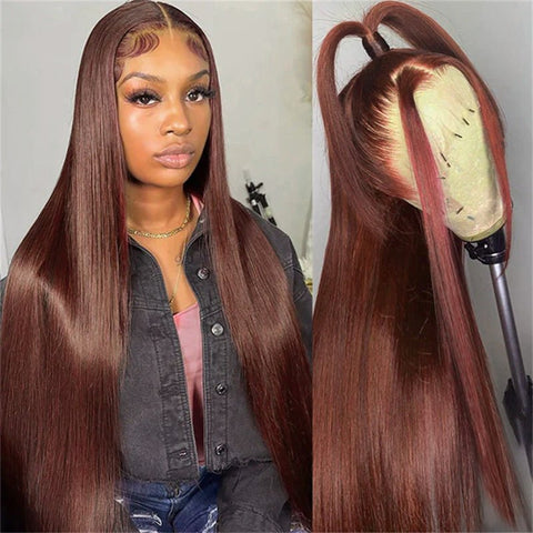 13x6 Reddish Brown Wigs Straight/Body Wave Human Hair Lace Frontal Wigs Light Auburn Transparent Lace Wig - Lemoda Hair