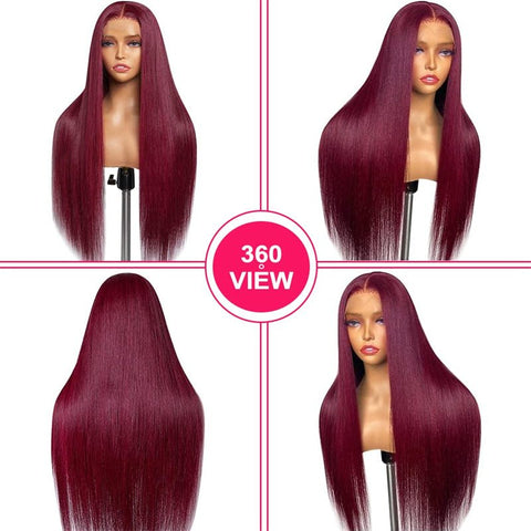 13x6 Transparent Lace Front Wigs Human Hair 99j Burgundy Straight Wigs Pre Plucked 180% Density - Lemoda Hair