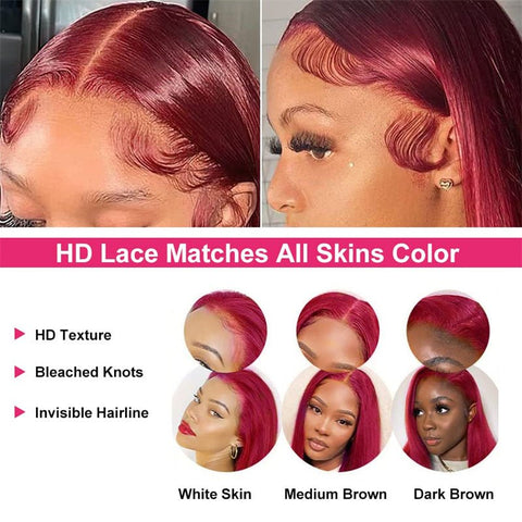 13x6 Transparent Lace Front Wigs Human Hair 99j Burgundy Straight Wigs Pre Plucked 180% Density - Lemoda Hair