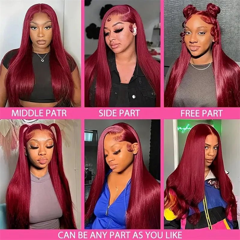 13x6 Transparent Lace Front Wigs Human Hair 99j Burgundy Straight Wigs Pre Plucked 180% Density - Lemoda Hair