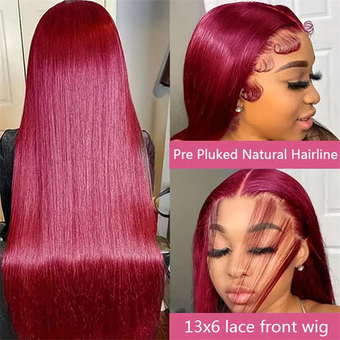 13x6 Transparent Lace Front Wigs Human Hair 99j Burgundy Straight Wigs Pre Plucked 180% Density - Lemoda Hair