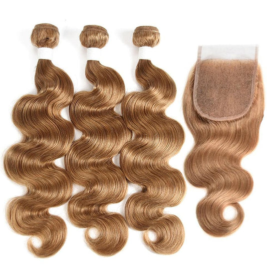 #27 Light Brown Body Wave 3 Bundles With 4x4 Lace Closure 100% Real Human Hair