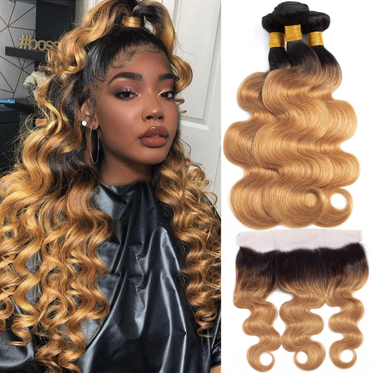 1B/27 Ombre Body Wave 3 Bundles With 13x4 Lace Frontal 100% Virgin Human Hair