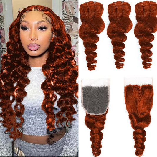 #350 Ginger Orange Loose Wave 3 Bundles With 4x4 Lace Closure 100% Virgin Human Hair