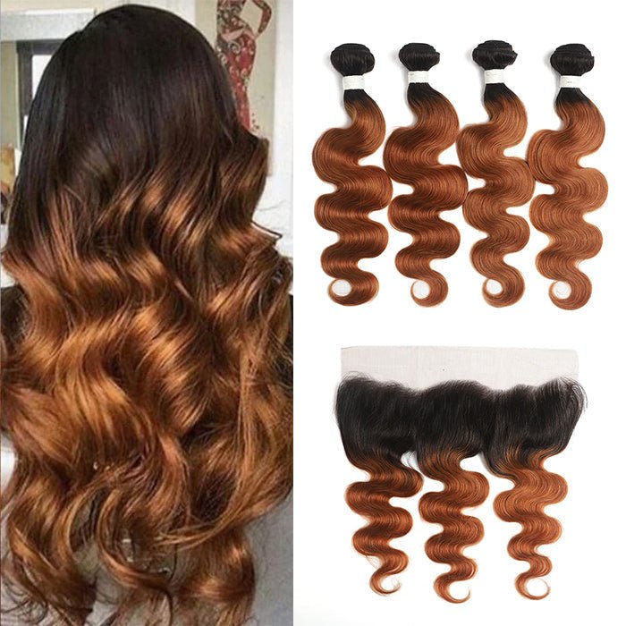 1B/30 Ombre Medium Auburn Black Roots 4 Bundles With 13x4 Lace Frontal 100% Human Hair - Lemoda Hair