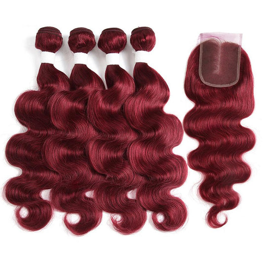 Dark Red Burg body wave 4 Bundles With 4x4 Lace Closure 100% Real Human Hair