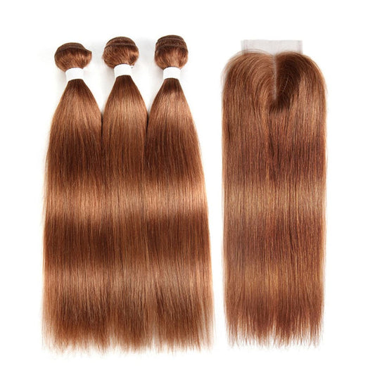 #30 Medium Auburn Straight 3 Bundles With 13x4 Lace Frontal 100% Human Hair