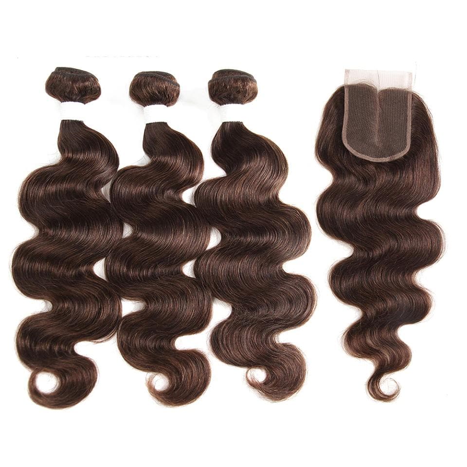 4 Dark Brown Body Wave 4 Bundles With 4x4 Lace Closure 100% Real Human ...