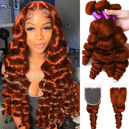 #350 Ginger Orange Loose Wave 4 Bundles With 4X4 Lace Closure 100% Remy Human Hair