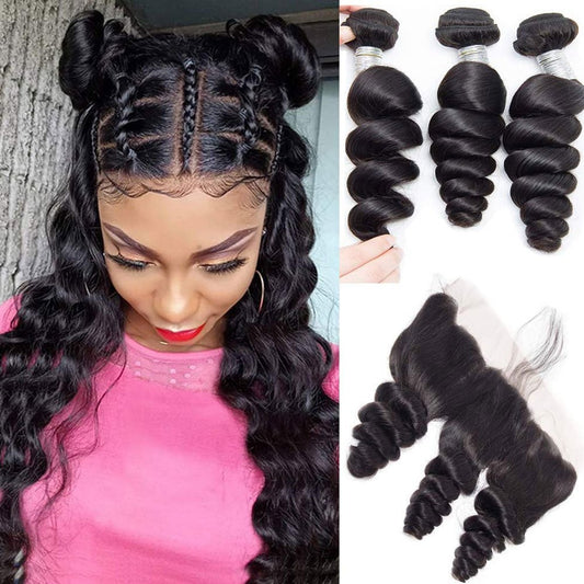 3 Bundles Indian Virgin Hair Loose Wave Bundles With 13*4 Lace Frontal - Lemoda Hair