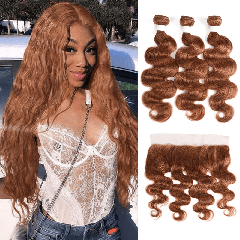 #30 Medium Auburn body wave 3 Bundles With 13x4 Lace Frontal 100% Human Hair - Lemoda Hair