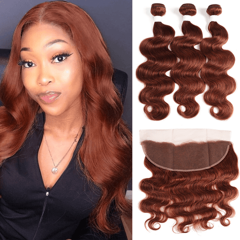 #33 Dark Auburn body wave 3 Bundles With 13x4 Lace Frontal 100% Human Hair - Lemoda Hair