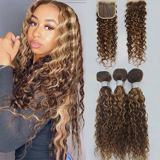 Highlight P4/27 Water Wave 3 Bundles With 4X4 Lace Closure 100% Virgin Human Hair