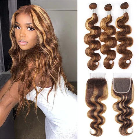 Honey Blonde Highlight Brown Ombre Color Wavy Free Part Melt 3 Bundles With 4x4 Lace Closure
