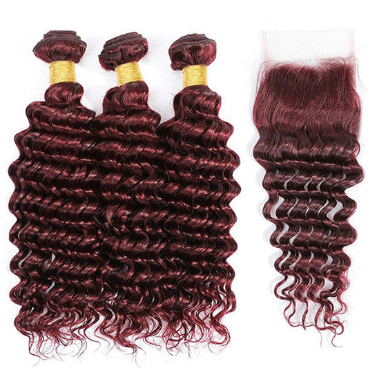 99J Burgundy Wine Red Deep Wave 3 Bundle With 4X4 Closure 100% Human Hair