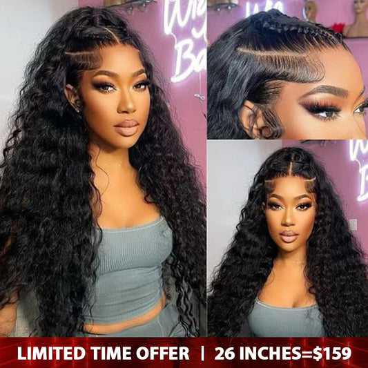 Lemoda 13x6 Lace Frontal Wig Human Hair Deep Wave Pre Plucked Hairline 180% Density Virgin Human Hair