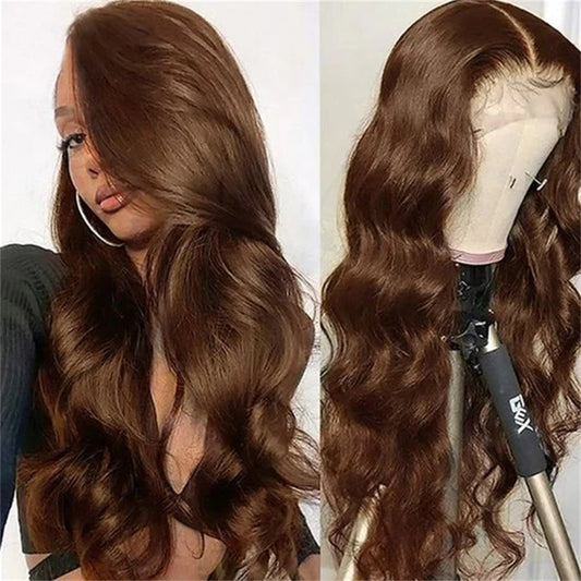 Chestnut Brown Color 13x4 Transparent Lace Frontal Wig Body Wave Human Hair Wigs 180% Density