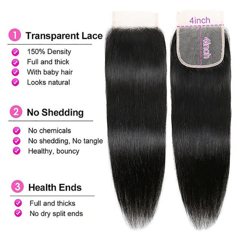 4x4 Straight Lace Closure Human Hair HD Lace Closure Free Part 100% Brazilian Virgin Hair - Lemoda Hair