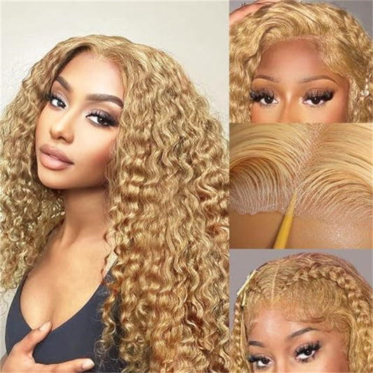 Honey Blonde Curly Hair 13x6 Transparent Lace Front Human Hair Wig With Pre Plucked
