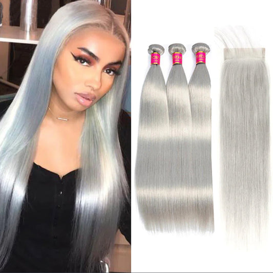 Silver Grey Straight 3 Bundles With 4x4 Closure 100% Remy Human Hair