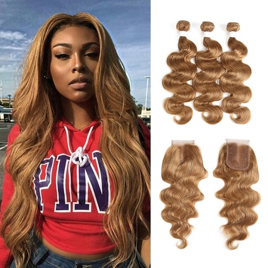 #27 Light Brown Body Wave 3 Bundles With 4x4 Lace Closure 100% Real Human Hair