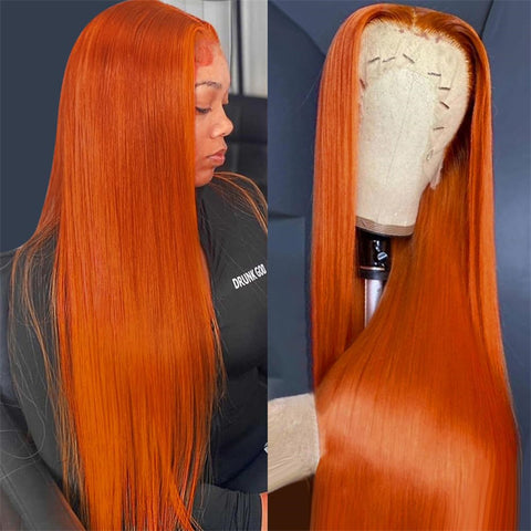 13x6 Ginger Orange Straight Wigs Pre Plucked Transparent Lace Frontal Wig 180% density