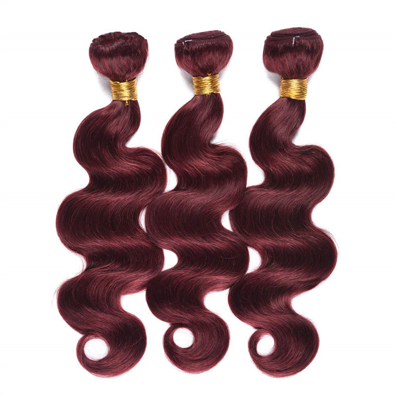 99j Wine Red Color Body Wave Hair 3 Bundles With 4x4 Closure Human Hair Bundles
