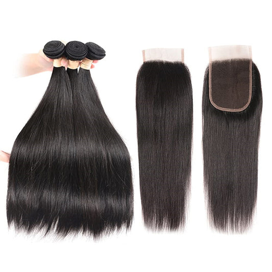  Straight Hair 3 Bundles With 4x4 Lace Closure Wig
