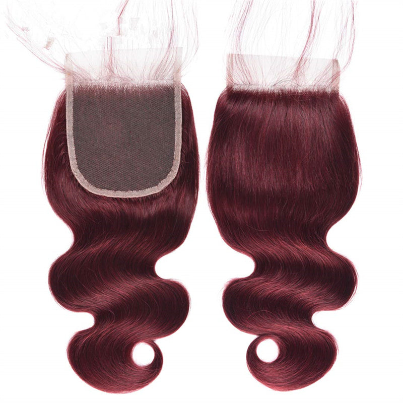 99j Wine Red Color Brazilian Body Wave Hair 3 Bundles With 4x4 Closure 