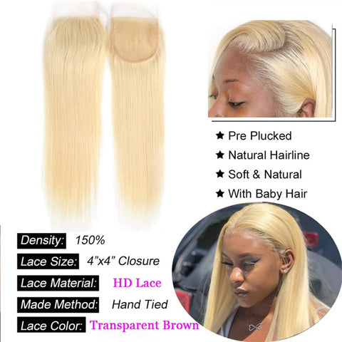  613 Blonde Lace Closure Straight Human Hair 4x4 HD Lace Closure Pre Plucked
